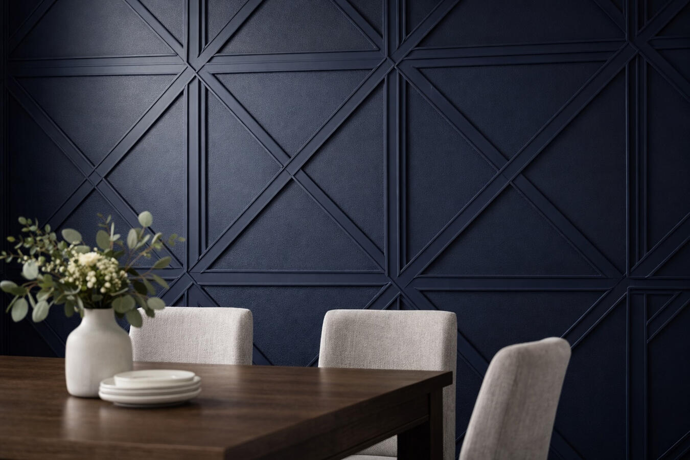 Untitled Navy geometric accent wall with trim molding in modern dining room Sarasota area