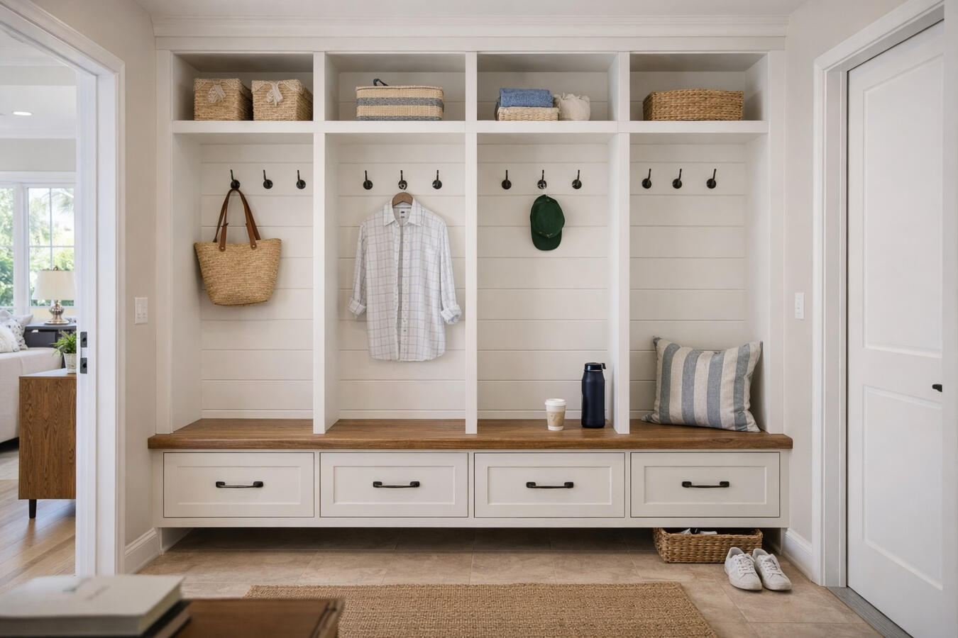 Untitled Custom mudroom with built-in lockers bench and shiplap wall in Bradenton Sarasota home