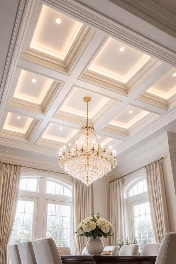 Untitled White coffered ceiling with custom millwork and chandelier in Sarasota dining room