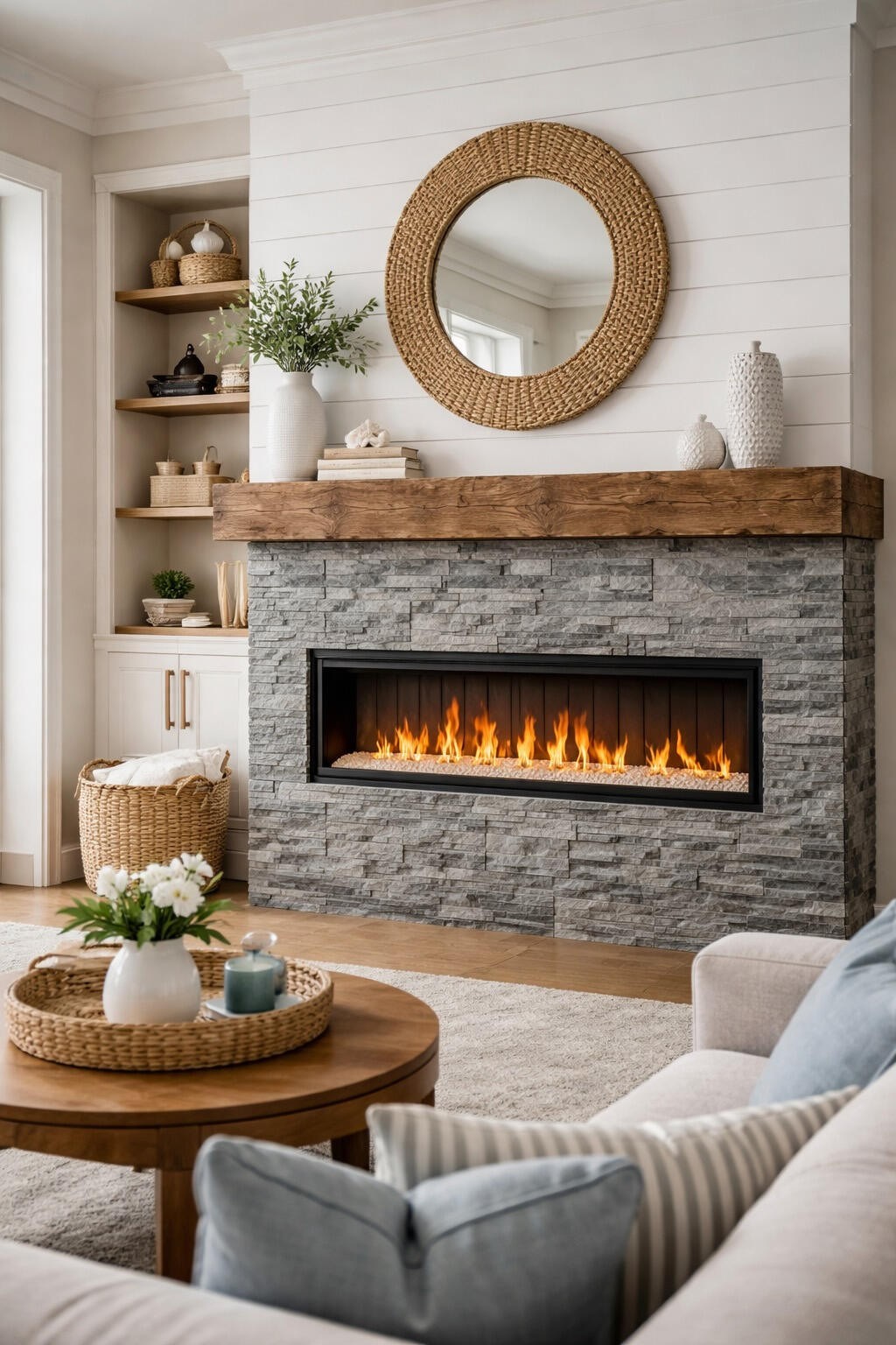 Stone and shiplap fireplace build-out with wood mantel in Bradenton Sarasota living room